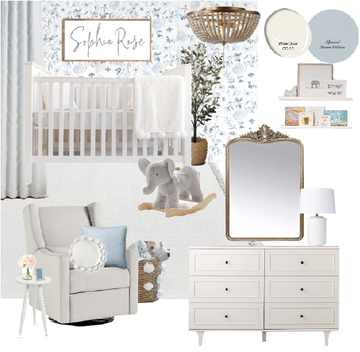 1. Mood board for custom nursery makeover with blue and brass accents, designed for a girl's room. 2. Living room design mood board featuring blue and brass accents for a girl's custom nursery. 3. Custom nursery mood board with blue and brass accents, designed for a girl's room in a living room style.