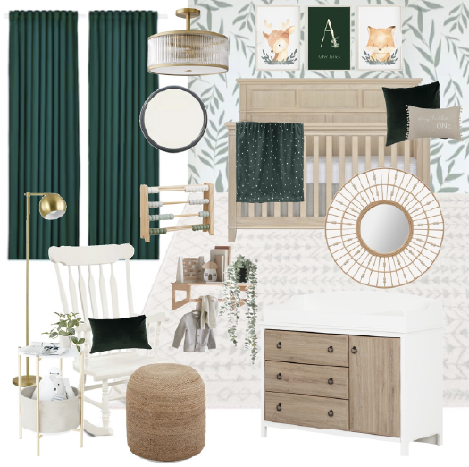 1. A custom nursery makeover mood board with forest green accents for a living room design. 2. Mood board for a living room design with forest green accents in a custom nursery makeover. 3. Forest green accents featured in a custom nursery makeover mood board for a living room design.