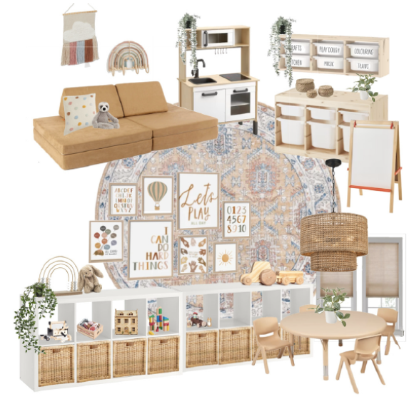 1. A custom Montessori playroom makeover mood board featuring a cozy montessori neutral room design. 2. Mood board for a custom Montessori playroom makeover with a neutral colour palette. 3. Get inspired by this mood board for a custom Montessori playroom makeover, featuring IKEA finds.