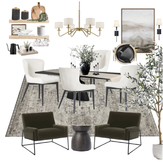 1A custom moodboard for a modern traditional dining room with black accents.