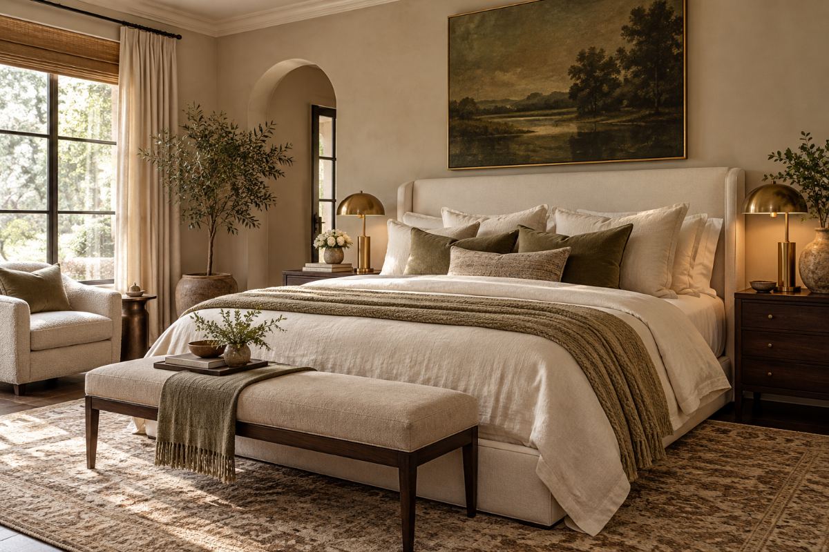 Calm bedroom design in warm neutrals