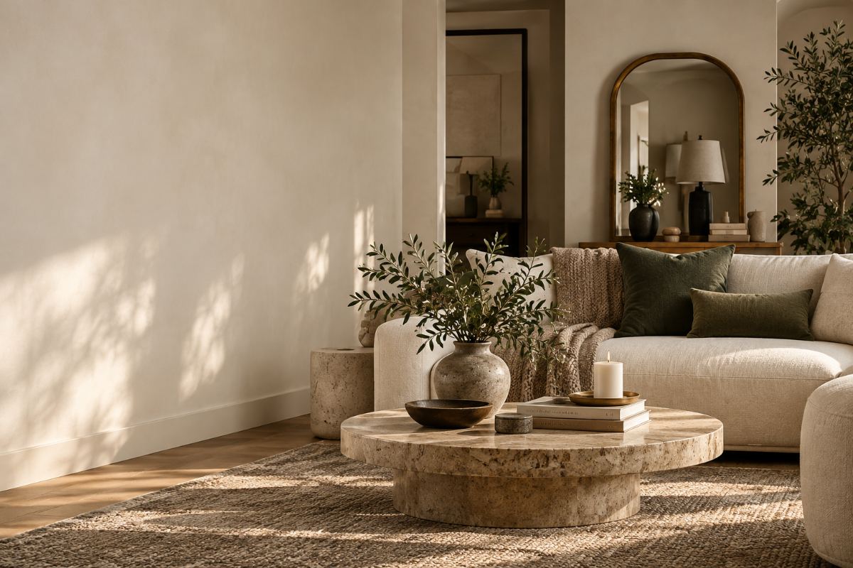 Warm neutral living room with cream sofa, olive cushions and travertine coffee table